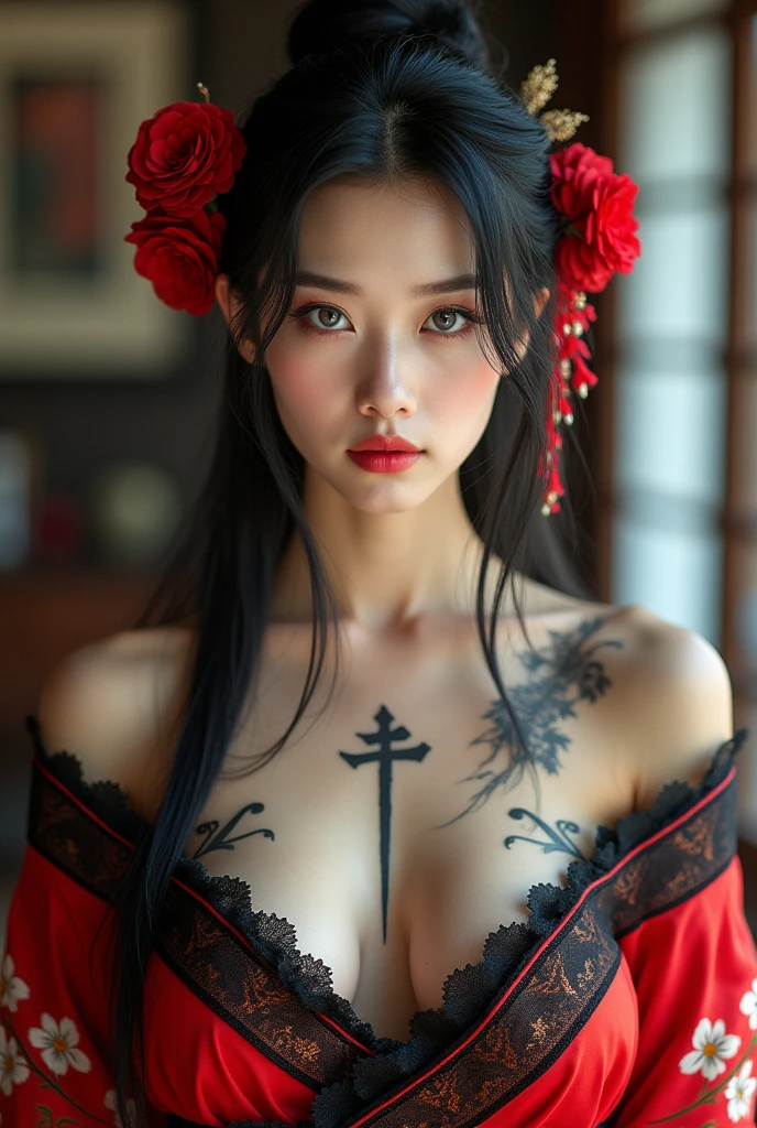 ((masterpiece, Highest quality, RAW, quality, best quality:1.5)), Formal photo, official art, beautiful and aesthetic:1.2),1girl, tattoo, solo, japanese clothes, red and black kimono, (v neck kimono), (single hairbun:1.2), unsheathing, black hair, sheath, ((front tattoo:1.2)),(big fit breast:1.2),(cleavage:1.3), blue eyes, ((off shoulder, bare shoulders:1.1)),((front focus:1.3)), flower, (looking at camera:1.2), ((makeup, eyeliner:1.2)), (male pov:1.2), ((penis blowjob:1.2))