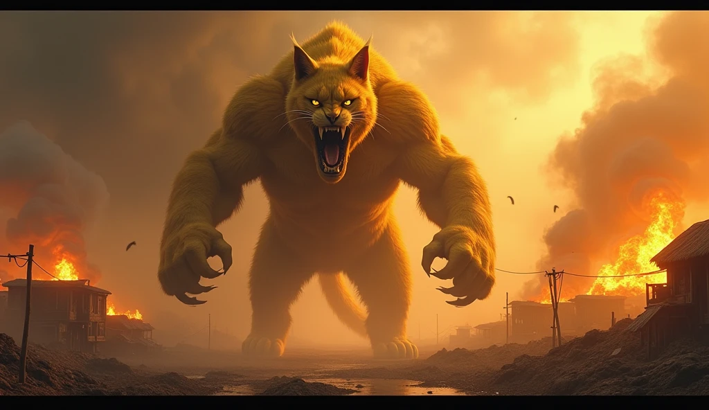 a large ferocious yellow cat,monster,burning village background,10m tall,mythological world,highly detailed,8k,photorealistic,hyper realistic
