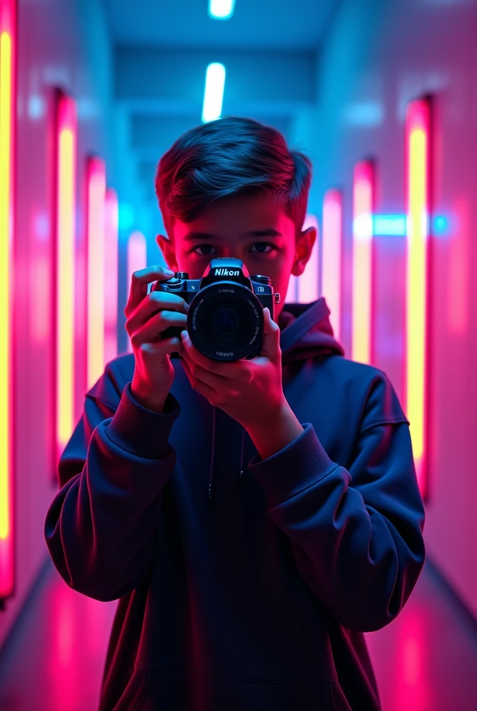 A boy have stand with nikon camera, background RGB lights on text NK_PRO_EDITZ_
