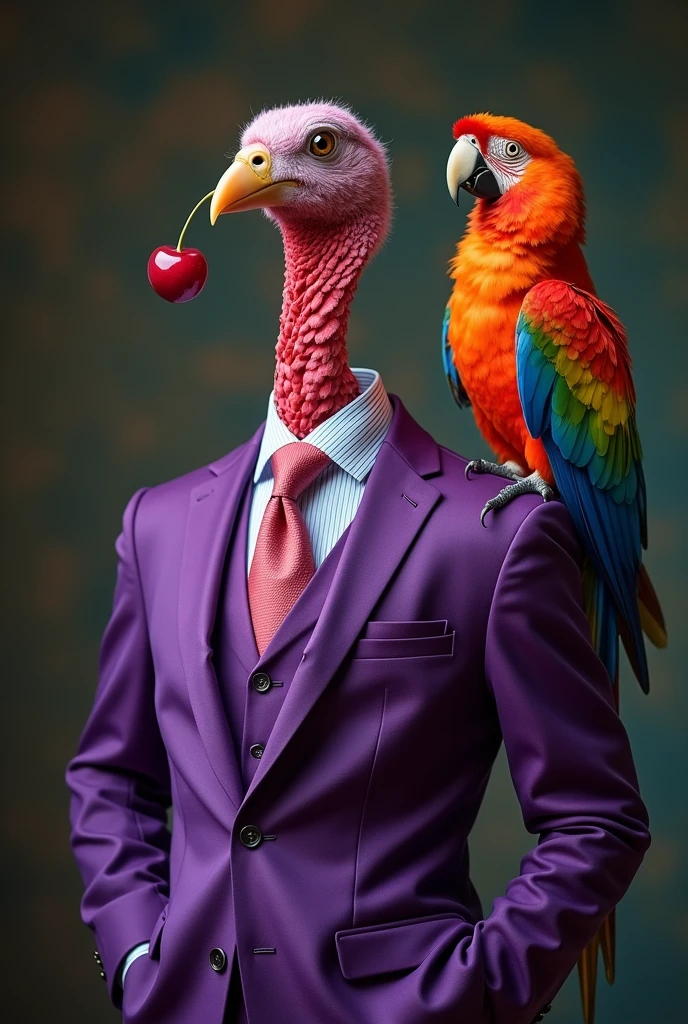 The turkey in a purple suit is posing in front of the camera, holding a wine cherry, and a very beautiful parrot is sitting on the turkey's shoulder