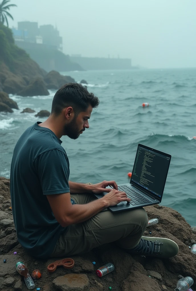 A guy coding on laptop on the view of ocean but dirty ocean