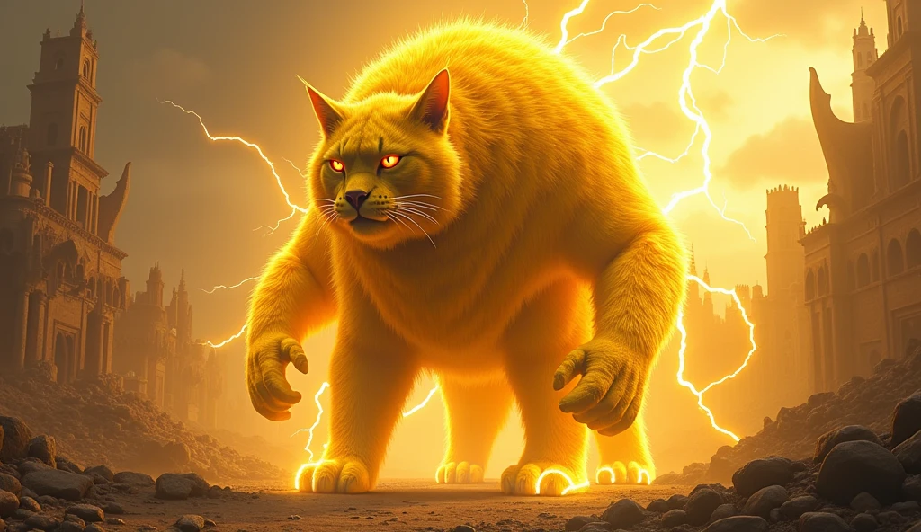 a massive mythological golden yellow cat, electricity and lightning surround its entire body, in the backdrop of an ancient war-torn city, 100 meters in size, in a mythological world, (best quality,4k,8k,highres,masterpiece:1.2),ultra-detailed,(realistic,photorealistic,photo-realistic:1.37),hyper realistic