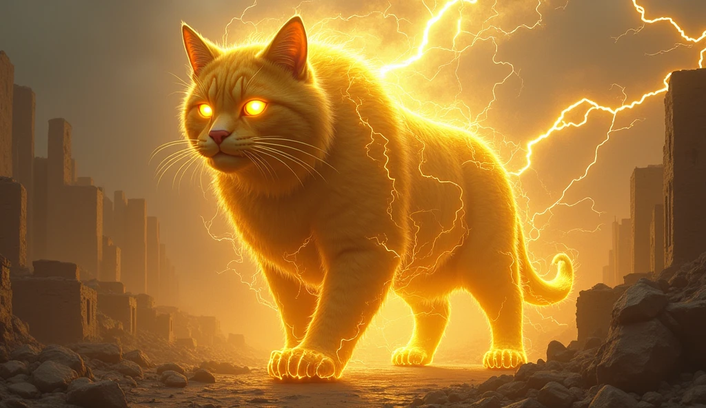 a massive mythological golden yellow cat, electricity and lightning surround its entire body, in the backdrop of an ancient war-torn city, 100 meters in size, in a mythological world, (best quality,4k,8k,highres,masterpiece:1.2),ultra-detailed,(realistic,photorealistic,photo-realistic:1.37),hyper realistic