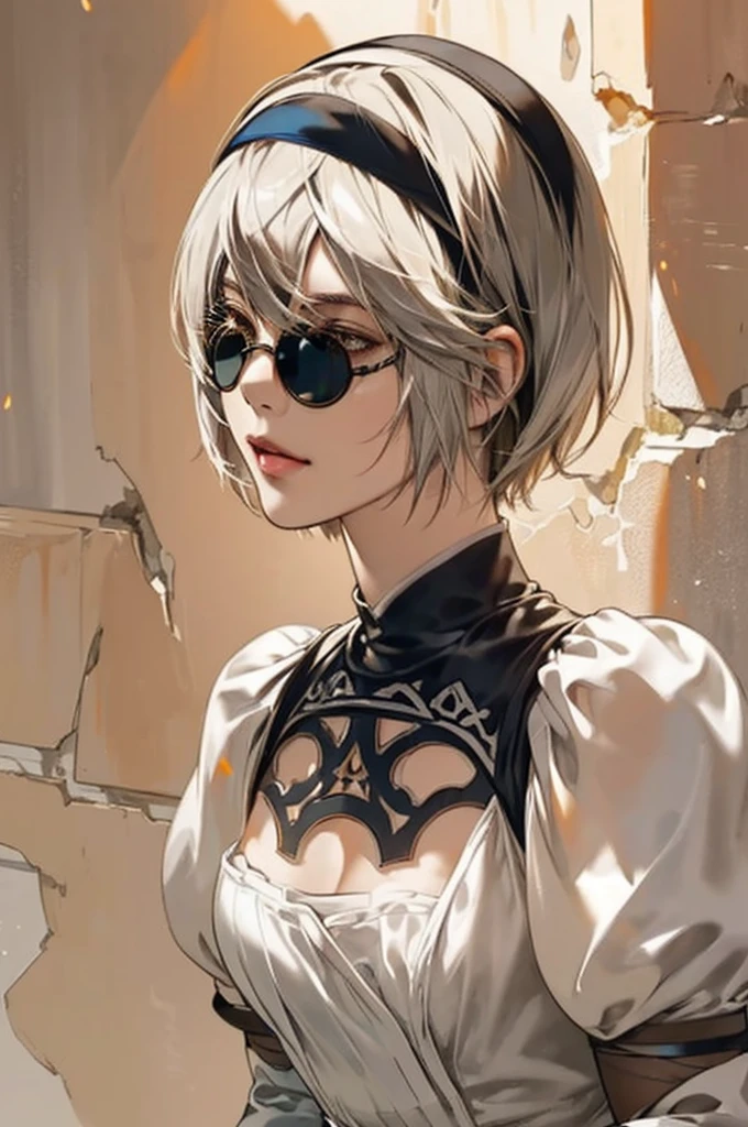 {(masterpiece,best quality, 16K illustration, UHD, extremely detailed the work, detailed beautiful face and eyes and skin and hair)}
BREAK {erotic face,looking away,enchanting smile,profile,cowboy-shot,from below}
BREAK {solo, (2B of Nier-Automa:1.4)), (perfect female body,small breasts),(lightbrown_lightwhite colored hair:1.4, short cut hair), (medium mouth:1.2),(narrow and sharp eyes:1.4,blue-glay eyes,sparkling eyes:1.1)
BREAK {(Nier-Automata-2B costume:1.2),(cleavage between breasts:1.2),(black hairband:1.4)}
BREAK {(small-diameter round darkorange-lens-sunglasses:1.4),(hand on sunglasses:1.4)}
BREAK {(Part of the stucco wall is brick:1.2),(cast a shadow on the wall:1.2),bullet holes in the wall}
BREAK,{(anime illustration style:1),(watercolor image:1.2),(sketch drawing),overall dark color}