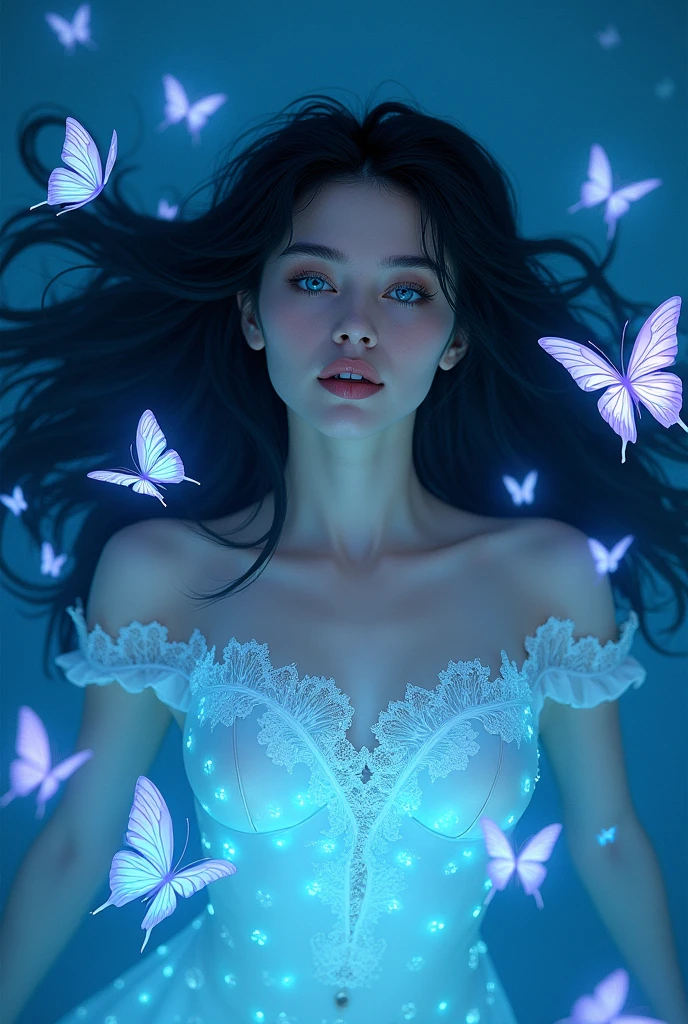 Image of an extremely beautiful woman lying in magical waters, very blue eyes, long jet black hair, full lips, in magic water, butterflies covering it, phosphorescent blue light, very beautiful 