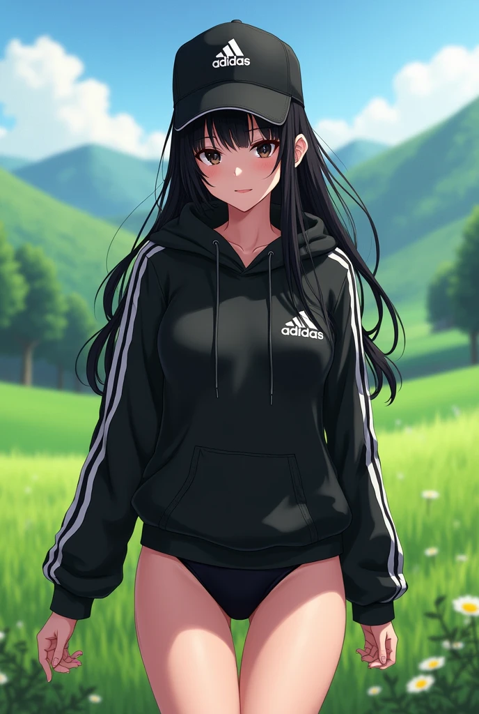 Sexy anime girl, long black hair, black eyes, barefoot, wear black adidas cap, wear black adidas hood, wear black panties, background is countryside 