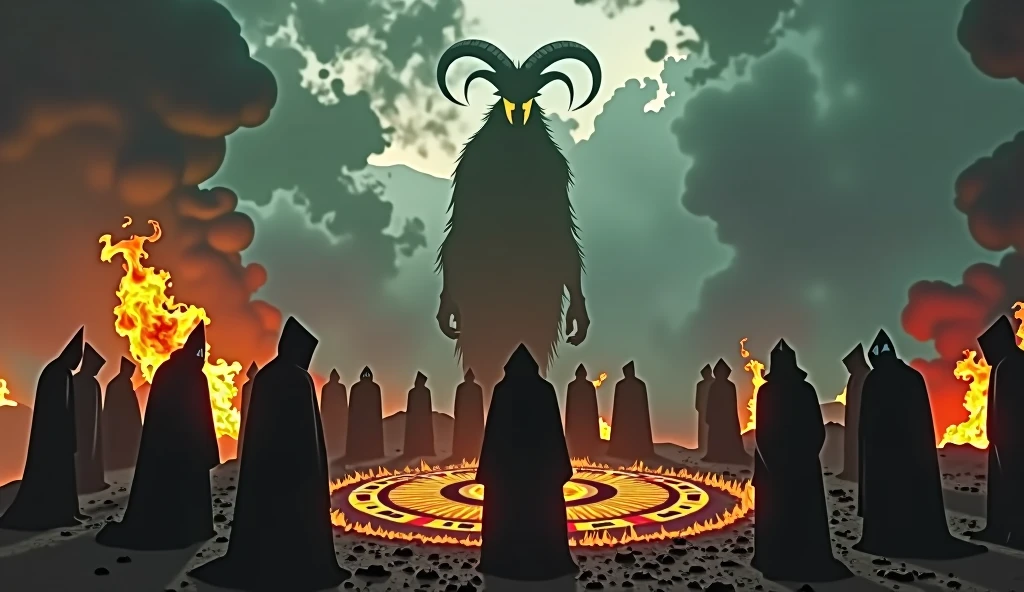 An apocalyptic scenario, satanic ritual around a magic circle, witches burning in the background and some wizards around the circle, full hd, 16:9, place the silhouette of a monstrous and giant goat in the background of the image behind the wizards