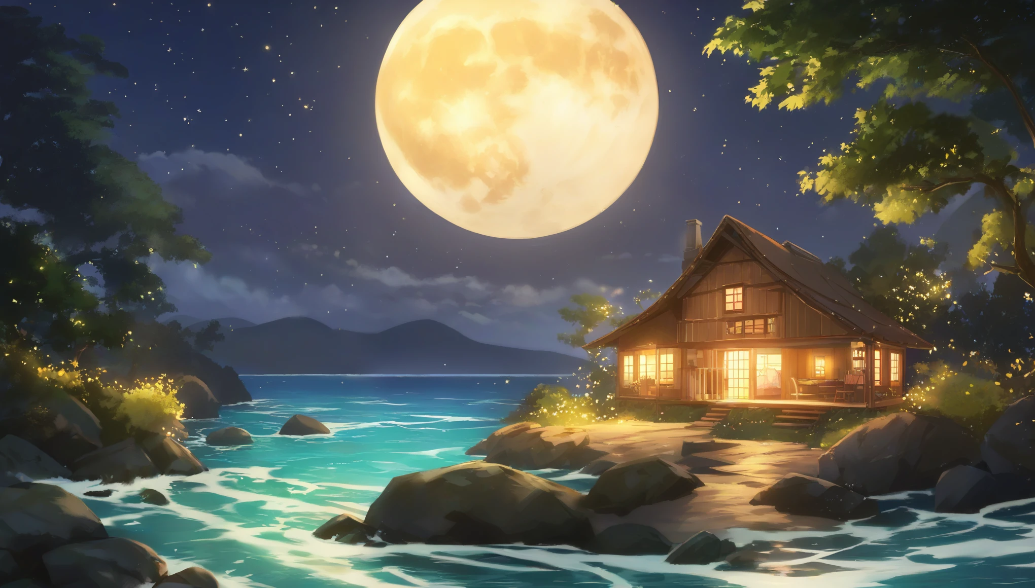 tranquil, moonlit sea with gentle, sparkling waves. The night sky is filled with twinkling stars and a large, radiant full moon casting a soft glow over the water. In the distance, silhouette a distant, lush island with lush trees and a small, cozy cottage with warm light spilling from its windows. Add delicate, glowing fireflies and subtle wisps of mist rising from the water. The overall mood should be calm, magical, and enchanting, evoking a sense of peaceful nighttime beauty.”