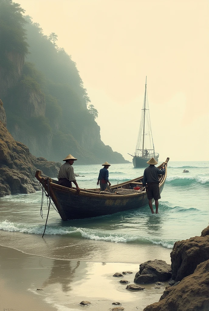 Fishermen come ashore after work.。 I am deeply moved by such an ordinary scene.。 ah、I hope it doesn&#39;t change。 I want it to stay the same。 World、Please stay the same。Japan、Ink Painting