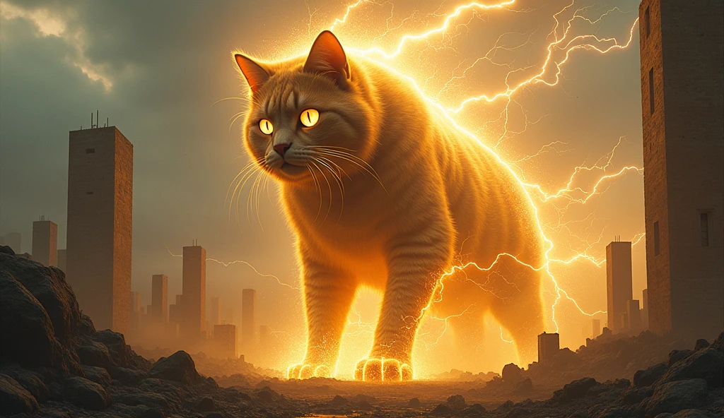 A cat, Color is yellow, god, monster, It&#39;s so big it could swallow up a city., The whole body is enveloped in lightning and electricity., Ancient city background after war, It is 100m in size, god화속세상, high detail, 8k, photorealistic, (best quality,4K,8k,highres,masterpiece:1.2),ultra-detailed,(realistic,photorealistic,photo-realistic:1.37),hyper realistic
