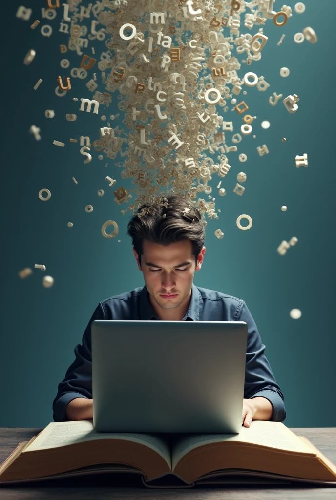 Simply a complex image with great meaning, letters falling on a computer keyboard digital on top of a book , technical man laptop on hand