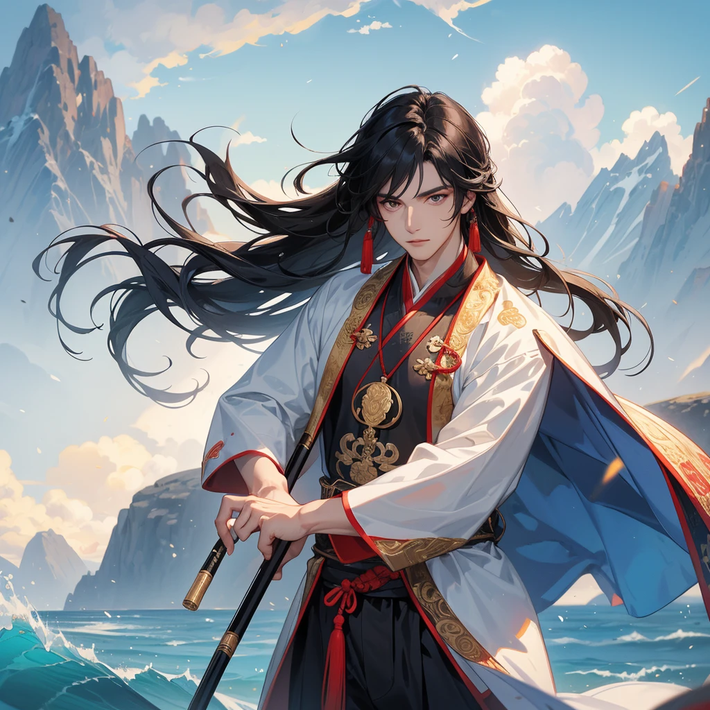 Handsome black-haired male in  ancient Chinese costume, close up, Playing a flute, background is the mountains and the sea, low cloud.