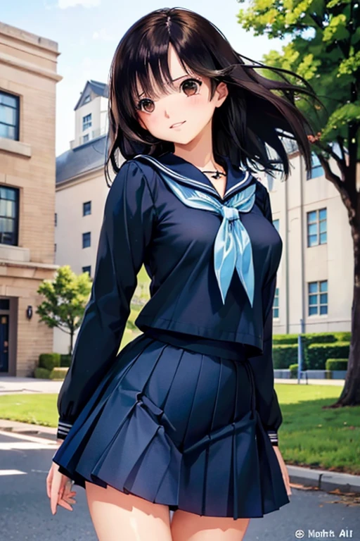 ((Highest quality)), ((masterpiece)), (detailed),Perfect Anatomy，In the city where buildings stand side by side,A very cute, baby-faced, black-haired woman,((Highest quality, 8k, masterpiece: 1.3, )),A woman with very small breasts,Well-proportioned, slim body，Long, slender legs，Long, thin hands， detailedな顔, detailedな肌, fine grain, detailedな唇, detailedな舌, detailedな指, Mouth detailed, Beautiful teeth alignment,Realistic,  High resolution, Natural light, Dynamic pose,Toned Legs, double eyelid, Tear bags, Round eyes, Moisturized lips, A blushing expression of embarrassment,  A shy smile,       School classroom,Black leather collar,Wearing a navy blue sailor suit,Wearing a very short navy blue miniskirt,A glimpse of her white panties,My hair flutters in the wind,The wind flips up my skirt,