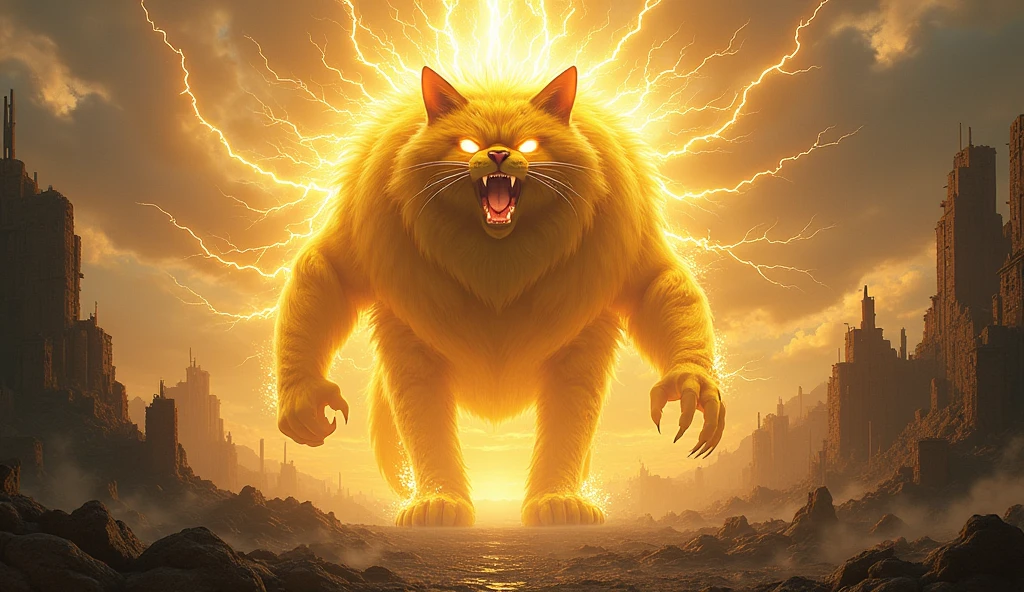 A cat, Color is yellow, god, monster, It's so big it could swallow up a city., Howl, The whole body is enveloped in lightning and electricity., Ancient city background after war, It is 100m in size, god화속세상, high detail, 8k, photorealistic, (best quality,4K,8k,highres,masterpiece:1.2),ultra-detailed,(realistic,photorealistic,photo-realistic:1.37),hyper realistic