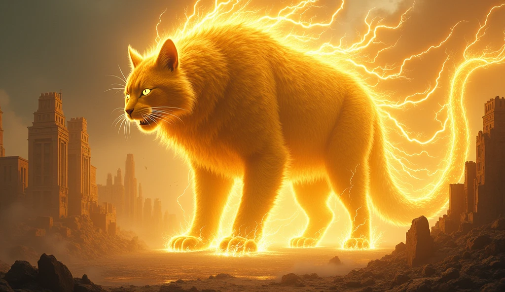 A cat, Color is yellow, god, monster, It's so big it could swallow up a city., Howl, The whole body is enveloped in lightning and electricity., Ancient city background after war, It is 100m in size, god화속세상, high detail, 8k, photorealistic, (best quality,4K,8k,highres,masterpiece:1.2),ultra-detailed,(realistic,photorealistic,photo-realistic:1.37),hyper realistic
