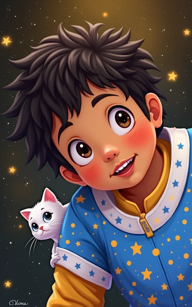 Cartoon illustration of a boy and a girl in space with cat, official fan art, in space, kitten in outer space, in outer space, in deep space, in galaxies, deep space exploration!!!, space travel, wearing in stars and planets, outer space, outer space, starry sky in space, in space, official art, space, on a spaceship, colorful, cute, more detailed, light, more realistic, cartoon