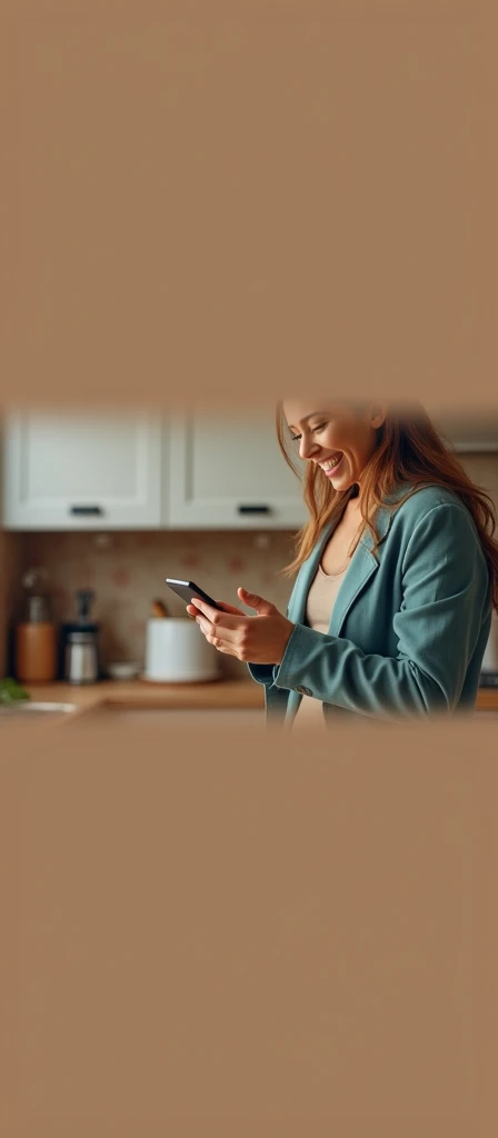((best quality)), ((Artwork)), (detailded), 
happy woman using a cell phone in the kitchen

