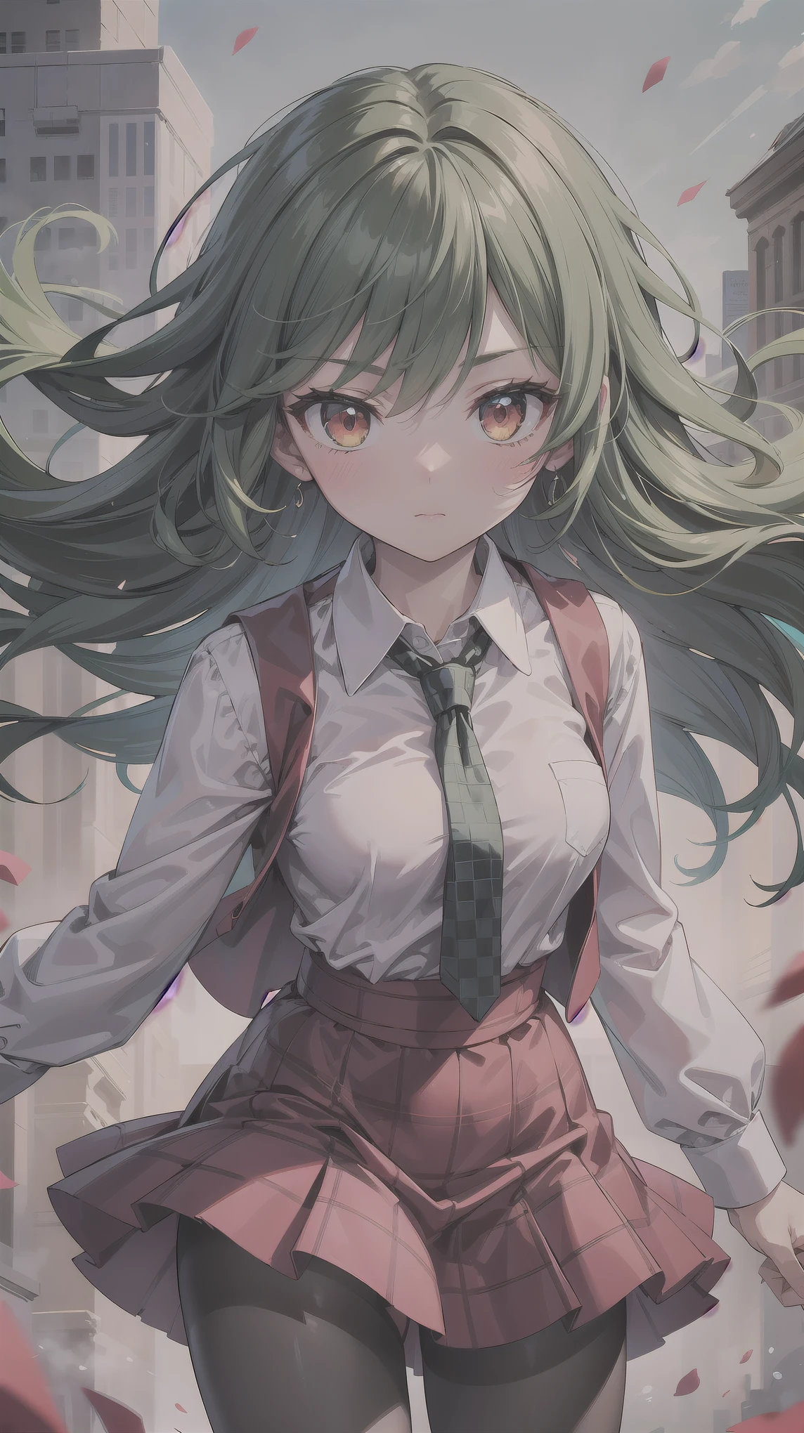 （（super high quality,Ultra-high resolution,16K,super masterpiece,Ultra HD ,Detailed shading,））One Woman,Short, wavy, emerald-colored hair,White dress shirt,Long sleeve,Yellow ruffled tie,（Unbuttoned red checked vest,A red checkered very long skirt blown up by the wind,）Black tights,Ruby glowing eyes,Vertical pupil,,Sharp Eyes,I&#39;m worried,Embarrassing,blush,Looking at this,Leaning forward greatly,Holding a skirt with one's hand,a blue sky with clouds and sun,Sunflower field,