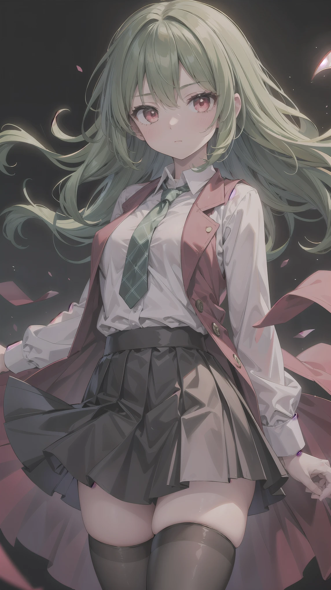 （（super high quality,Ultra-high resolution,16K,super masterpiece,Ultra HD ,Detailed shading,））One Woman,Short, wavy, emerald-colored hair,White dress shirt,Long sleeve,Yellow ruffled tie,（Unbuttoned red checked vest,A red checkered very long skirt blown up by the wind,）Black tights,Ruby glowing eyes,Vertical pupil,,Sharp Eyes,I&#39;m worried,Embarrassing,blush,Looking at this,Leaning forward greatly,Holding a skirt with one's hand,a blue sky with clouds and sun,Sunflower field,