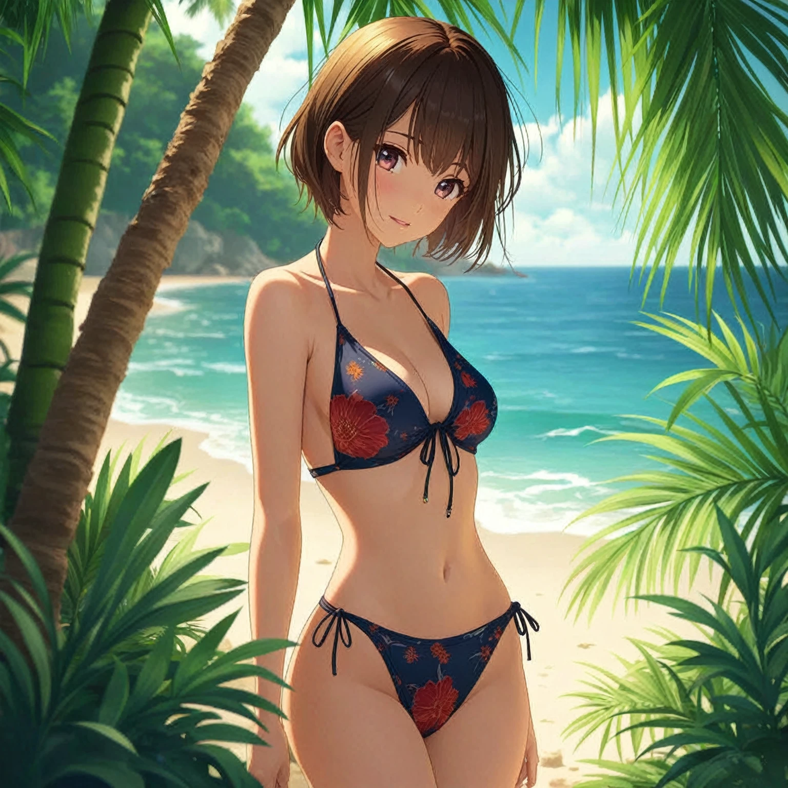 anime girl in bikini standing on beach with palm trees, realistic bikini, Enchanting anime girl, Smooth anime CG art, 熱帯のAt the Beach, Beautiful and attractive anime woman, At the Beach, Attractive anime girl, Beautiful Anime, Detailed digital anime art, 4k anime wallpaper, Beautiful Anime女性, clothing: bikini, 太陽が輝くAt the Beach, High quality anime art style