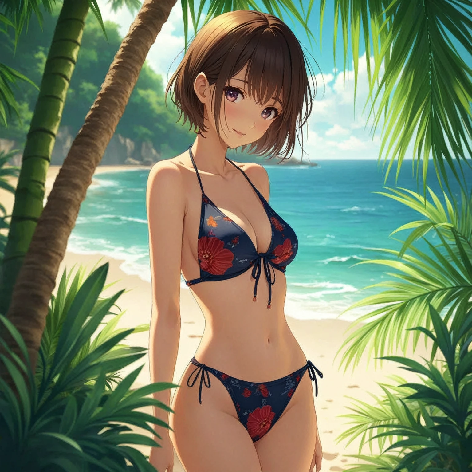 anime girl in bikini standing on beach with palm trees, realistic bikini, Enchanting anime girl, Smooth anime CG art, 熱帯のAt the Beach, Beautiful and attractive anime woman, At the Beach, Attractive anime girl, Beautiful Anime, Detailed digital anime art, 4k anime wallpaper, Beautiful Anime女性, clothing: bikini, 太陽が輝くAt the Beach, High quality anime art style