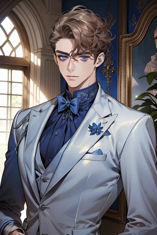 masterpiece, best quality, realistic, 1man, mature male, quiet and charming young man, 2, adorable, closed mouth, portrait, extremely detailed face, soft smile, ((dark blue eyes)), ((short-sides-swept curly light brown hair)), [thick eyebrows], living-room, ((silver and blue suit))