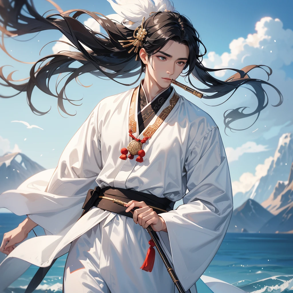 Handsome black-haired male in white ancient Chinese costume, close up, Playing a flute, background is the mountains and the sea, low cloud.