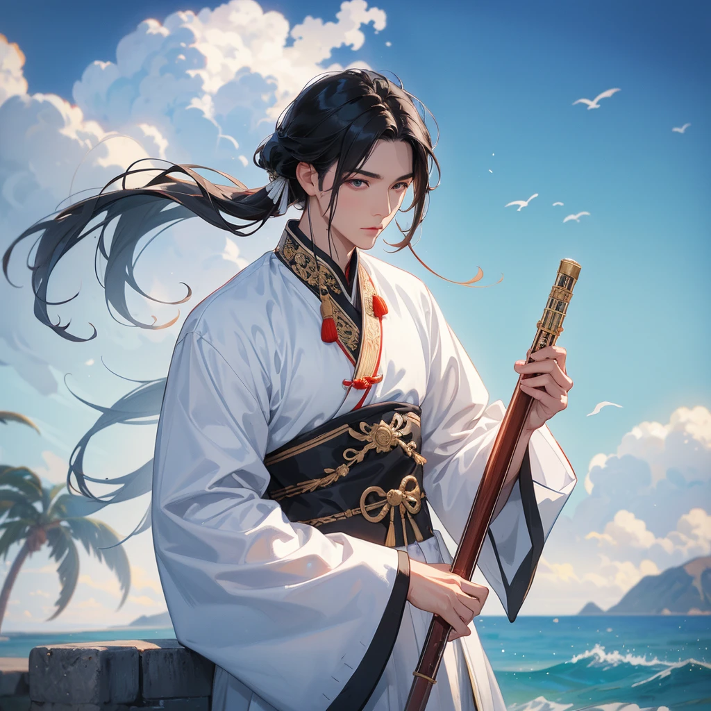 Handsome black-haired male in white ancient Chinese costume, close up, Playing a flute, background is the mountains and the sea, low cloud.