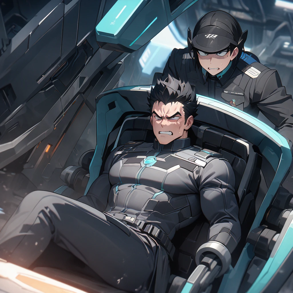 masterpiece, best quality, 8K, ultra res, extremely detailed,, Futuristic laboratory. Anime style. A man sitting in a mechanical chair, being brainwashed. A wild-looking man. Muscular. Wearing a black military uniform. A bold face. Short black hair. Wearing a black visor. Struggling and trying to resist.
