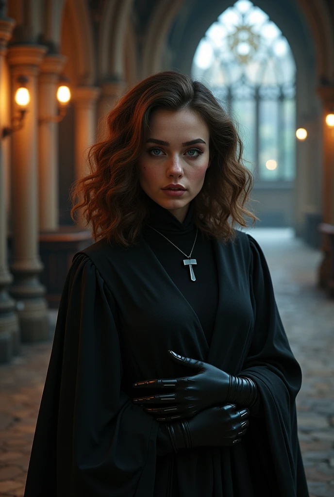 A woman with shoulder-length curly hair, Harry Potter costume, in Hogwarts, beautiful face, pierced nose, wearing black gloves.
