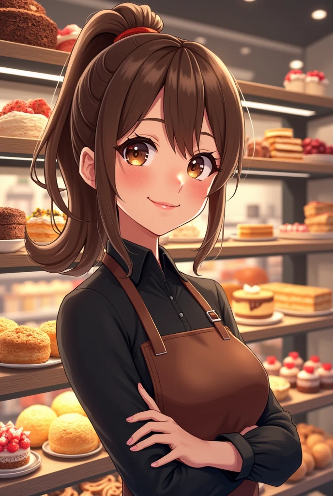 Large pastry shop with 8 shelves with cakes, cookies, sandwiches, cupcakes, Pretty girl brown ponytail, big eyes girl smile black blouse and brown apron honey colored eyes
