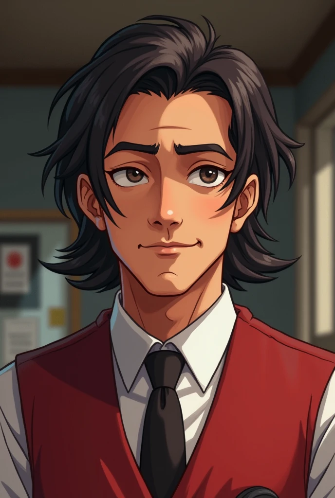 40 year old man with slanted eyes, thesis morena clara, lawyer with red vest, with slightly longer hair, who works in the women&#39;s ministry