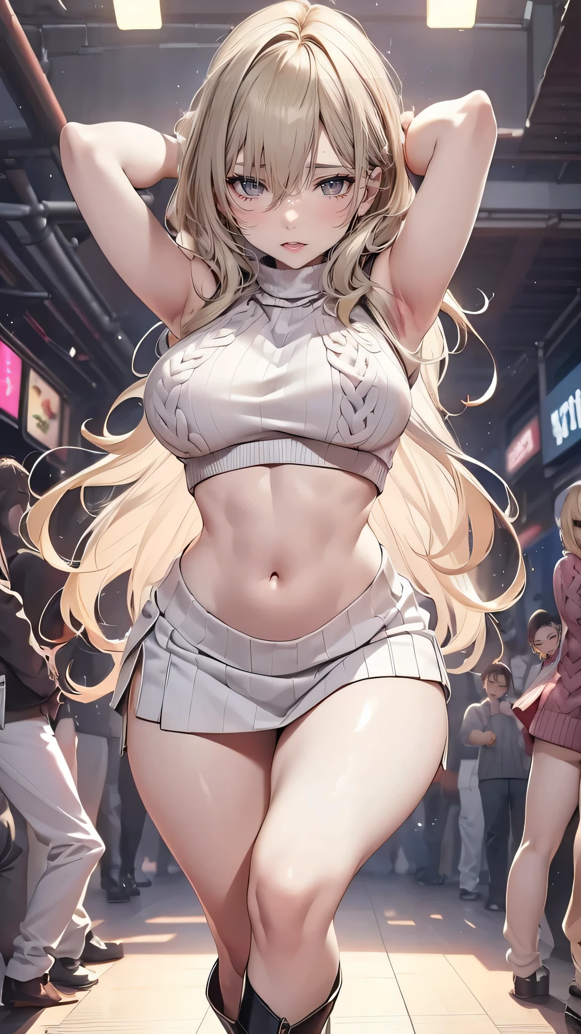 (masterpiece:1.3), high resolution, ultra detailed, extremely detailed CG unity 8k wallpaper, realistic, photo-realistic, RAW photo, beautiful detailed face, pale skin, realistic glistening skin, detailed cloth texture, detailed hair texture, Perfect body, Beautiful Face, accurate, Anatomically correct, Highly detailed face and skin texture, natural neck length, (beautiful hands), (fair skin:1.2), Thin legs, Thin feet, 
BREAK, 
Detailed eyes, symmetric eyes, Light Brown eyes, Double eyelids, Thin eyebrows, (Glossy lips:1.4), (gently smile:1.2), 
BREAK, 
(nsfw:1.2), (A Classy and Cute girl:1.3), (1 girl, one girl), ((wearing a sleeveless high neck midriff sweater:1.3)), (White pleated mini skirt), (long boots), (wearing glasses:1.1), 
(medium large breasts, slender figure, firm abs, firm breasts:1.2), beautiful clavicle, 
(blonde hair, wavy hair, long hair:1.3), ((asymmetrical bangs:1.2)), 
BREAK, 
((dancing with Seductive pose in the Disco at Roppongi in Japan:1.3)), (((Very dim lighting, Colorful neon lights))), (From below:1.2), (looking down at viewer:1.2), ((Focus on under boob:1.2)), (Full body shot:1.2),