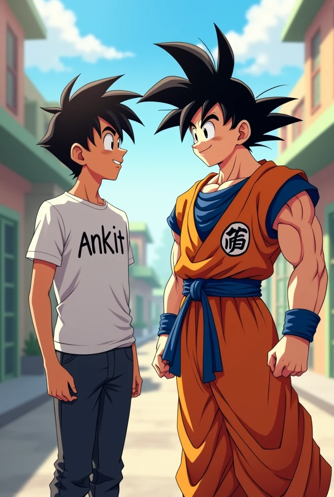 ek ladka Jo anime character ki tarah dikhta hai uski tshirt ke aage ANKIT Naam likh raha hai aur use ladke ke sath goku khada hai or dono has rahe he