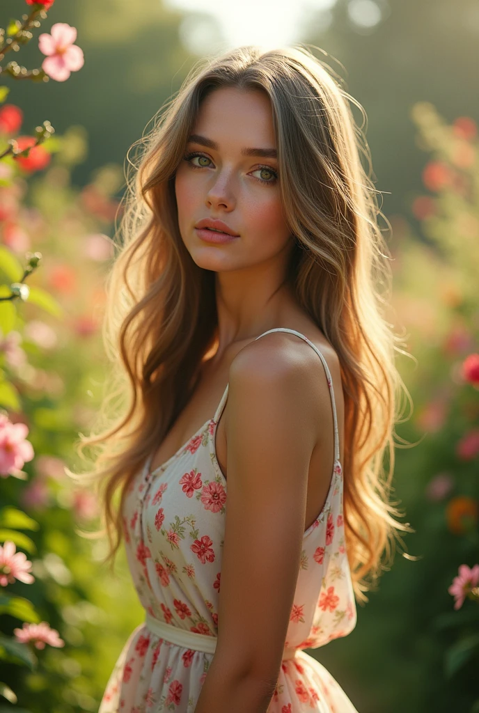 a beautiful young girl, detailed facial features, long hair, serene expression, floral dress, standing in a lush garden, natural sunlight, warm color tones, photorealistic, 8k, professional digital art