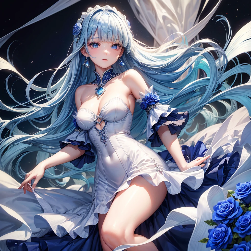 ((Highest quality)),(Ultra-high resolution),A dress with a flared skirt made of deep blue roses,Highly detailed CG Unity 8k wallpaper, , Earrings, Blue hair, Curly Hair, Blunt bangs, Straight bangs, Blue eyes, White skin, Gal, Improve、Her flat chest is hidden by her dress、Reduce exposure