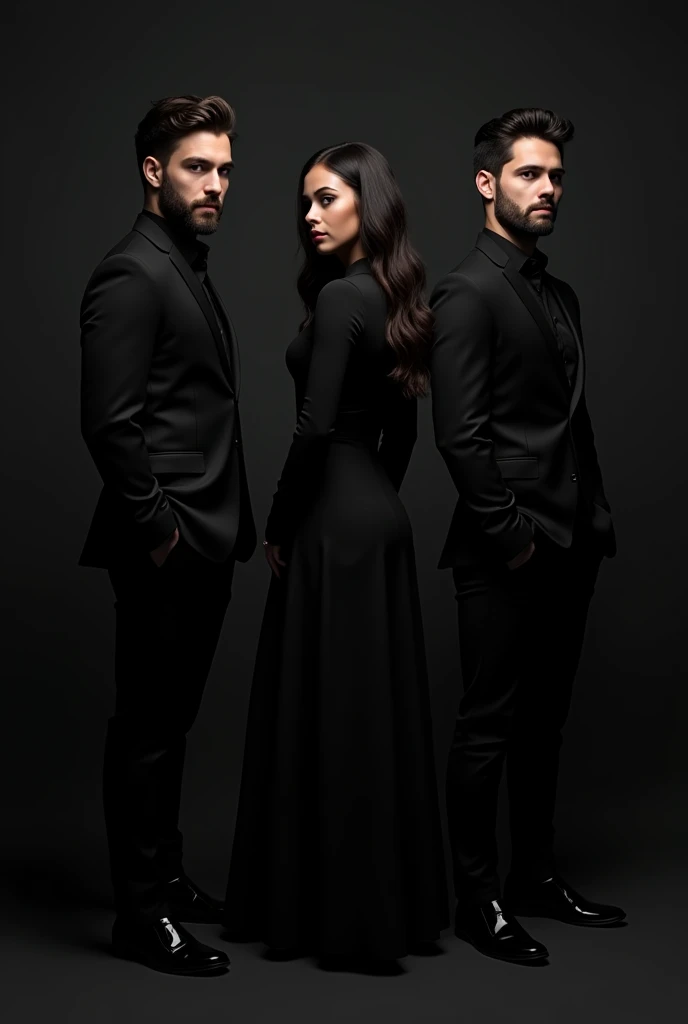 3 people, 2 men one has beard and look Maly when other is a bit boyish
No face seen,full Balck theme
and 1 women,all young,no face, turned backwards, women in center, wore formals, Balck theme,look like book cover