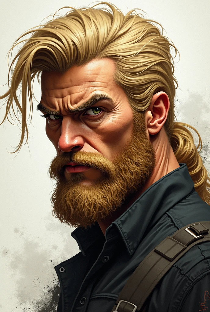 Man with well defined face, beard and blond hair, drawn style 