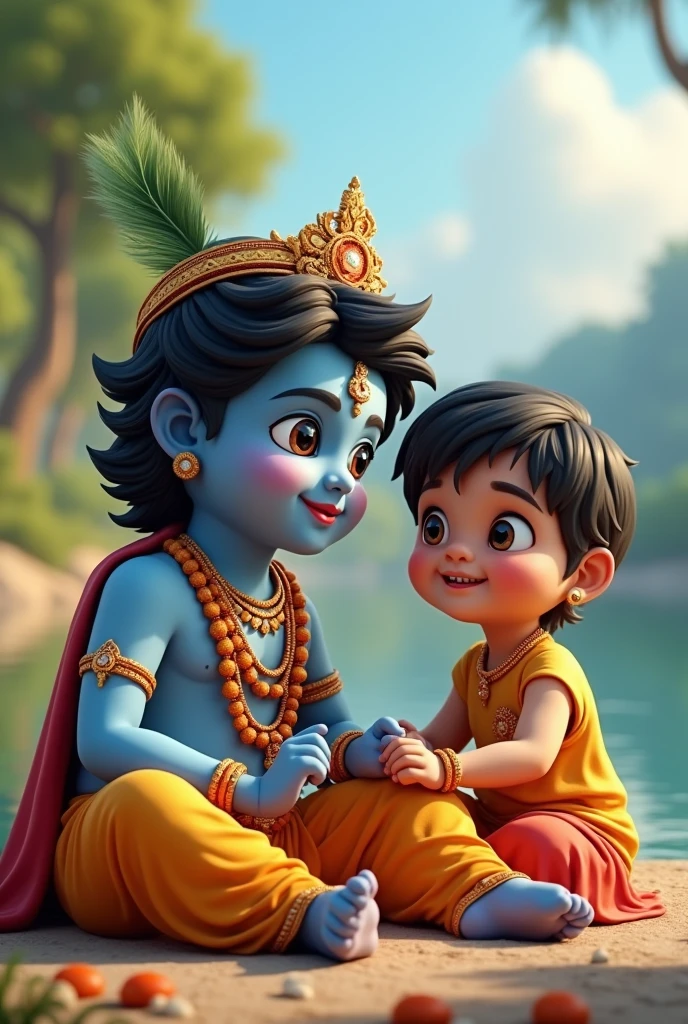 (photorealism:1.2), create a images 3dwhich a boy named "Ashutosh" is sitting with Lord Krishna and wishing Krishna on his birthday and this photo should be related to Janmashtami, it should be a very attractive photo and the boy's name "Ashutosh" should be on his shirt