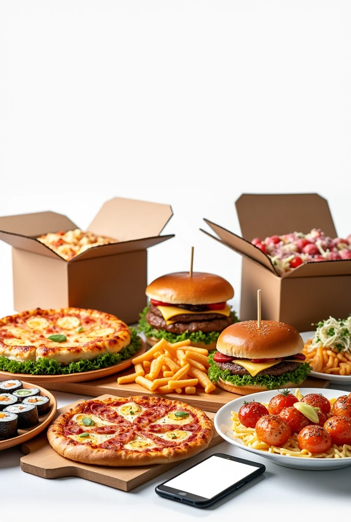 Hero Banner: "A vibrant, appetizing display of various cuisines like pizzas, burgers, sushi, and salads on a modern, clean white background. Include delivery boxes and a smartphone showing an online food delivery app."
