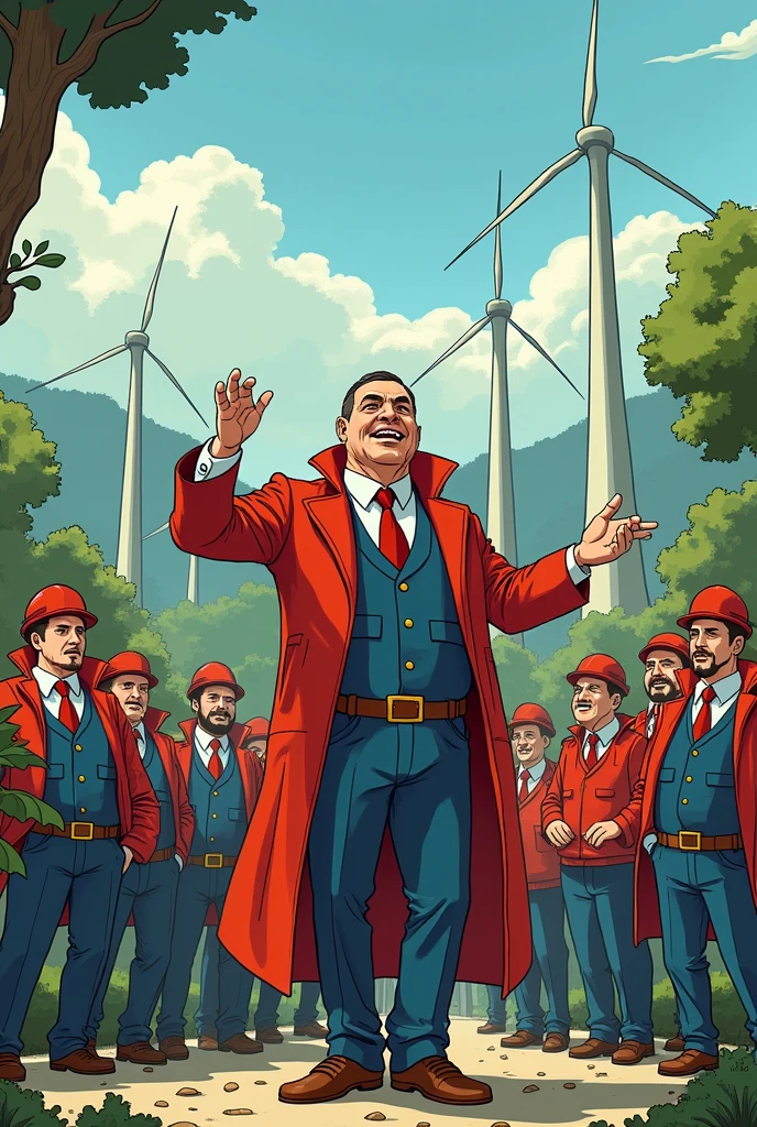 Let's create a cartoon about a historical park in Bulgaria, where the boss has an obsession with grandeur and his subordinates are ready to die for him, regardless of the fact that he manipulates them financially by taking their money, lying to them about how wind turbines are danger and they will kill the population and nature