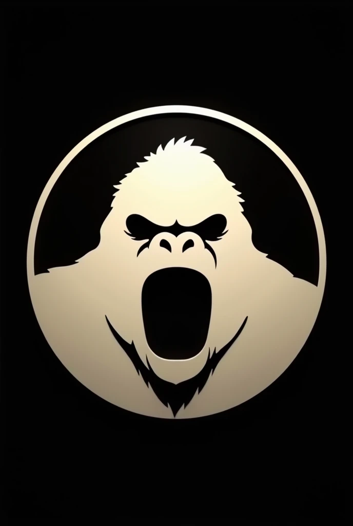 a silhueta do rosto de um gorila facing the front em um circulo, all white, like a minimalist logo, with him angry, facing the front, offwhite,  can be on a black background, he inside a circle, both the circle and the circle have to be white, I want white, needs to be white, and not yellow, with him roaring, I want the white circle and the white gorilla silhouette