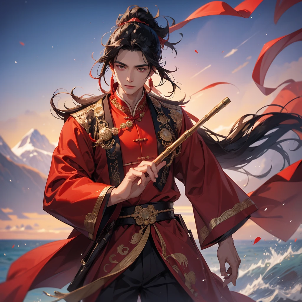 Handsome black-haired male in red ancient Chinese costume, close up, Playing a flute, background is the mountains and the sea, low cloud.