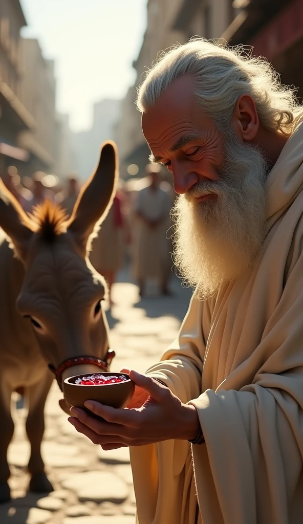 Close-up shot, Low angle shot, (Chrysippus “A wise, elderly man with a long, flowing white beard, full white hair on his head and piercing eyes, dressed in a simple but elegant white toga”, with a mischievous grin, carefully pours red wine into a small clay cup, preparing to give it to the donkey. His eyes twinkle with humor, and his posture is relaxed yet deliberate. The background shows the market fading into the distance, with other donkeys tied to posts and people continuing their business, unaware of the philosopher’s playful experiment. The sunlight casts a golden glow on the scene, highlighting the rich color of the wine.) unreal engine, cinematic, hyper-real, highly detailed, Ultra realistic HD --q 2 --v 6.1 --ar 9:16
