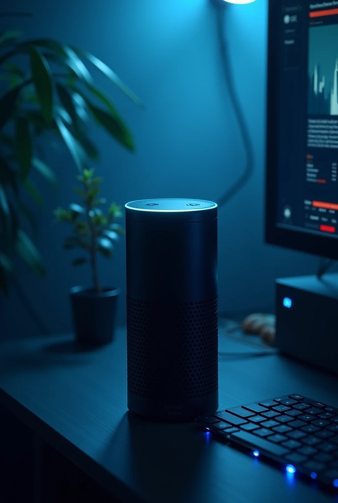 Generate a picture of the ai Amazon Speaker, Alexa. It has to have dark and blue lighting. It has to be so cool and unique  IT HAS TO BE EYE TAKING and very cool cool cool and Alexa Amazon and cute a lil more
