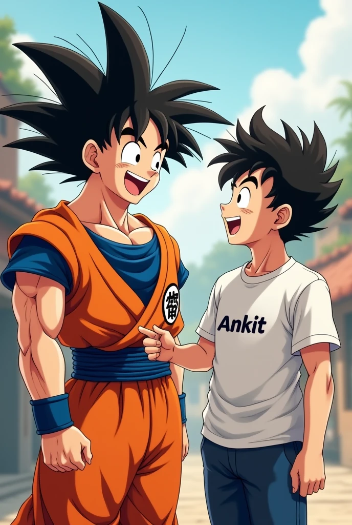 ek ladka Jo anime character ki tarah dikhta hai uski tshirt ke aage ANKIT Naam likh raha hai aur use ladke ke sath goku khada hai or dono has rahe he