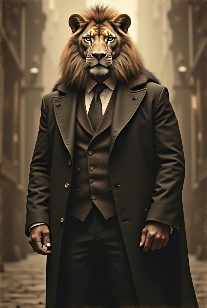 A fluffy Realistic lion man with wearing a suit Facing forward. Sepia.vintage.old