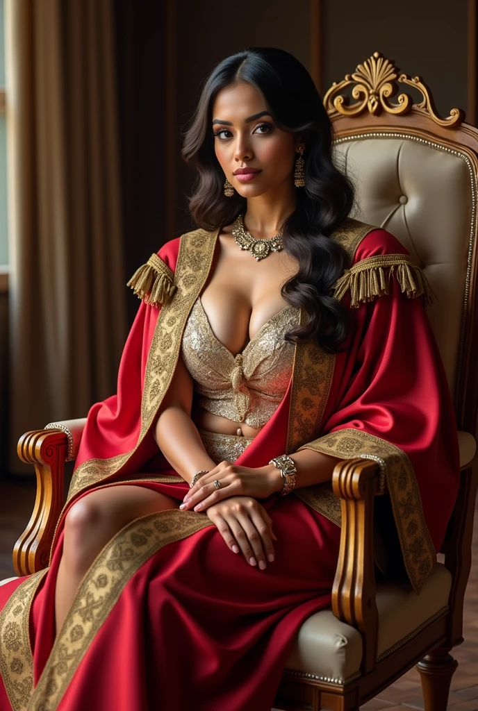 Wearing full body  Academic regalia  wealthy sri lankan average beautiful girl(very big breasts and very butt) sit in chair