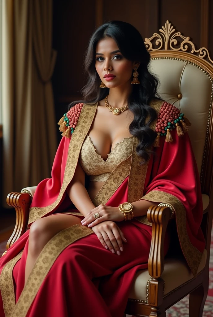 Wearing full body  Academic regalia  wealthy sri lankan average beautiful girl(very big breasts and very butt) sit in chair