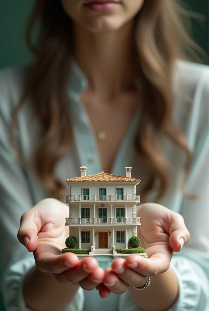 I need a picture of a villa, so small, to be held by a woman hand in her hands